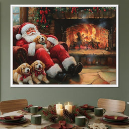 Santa Fireside Nap with Puppies - NicheCanvas