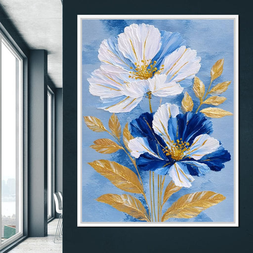 Blue White Peony Gold Leaf Canvas Print