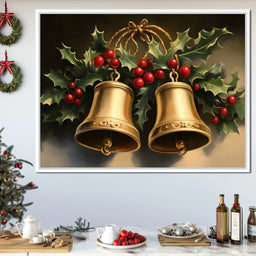 Golden Christmas Bells and Holly - NicheCanvas