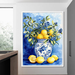 Lemon Bouquet in Porcelain Vase - Wildrose Creations - NicheCanvas