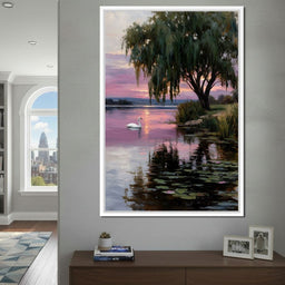 Swan Lake Sunset Willow Tree - NicheCanvas