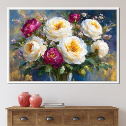 Golden Peonies on Blue Background - NicheCanvas