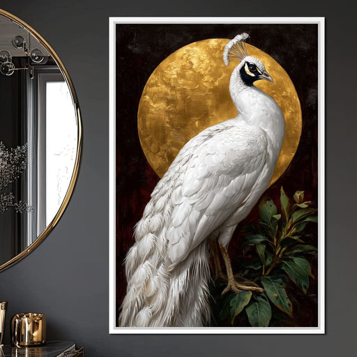 Golden Halo White Peacock Pose Canvas Print