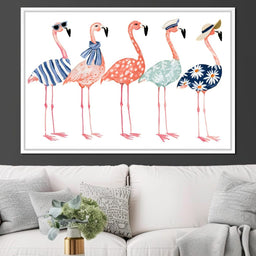Four Stylish Flamingos on Summer Vacation - NicheCanvas