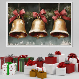 Snow Kissed Golden Holiday Bells - NicheCanvas