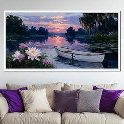 Tranquil Lotus Evening Rowboat - NicheCanvas