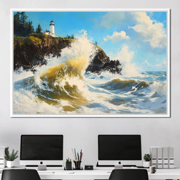 Towering Waves Against Lighthouse - NicheCanvas