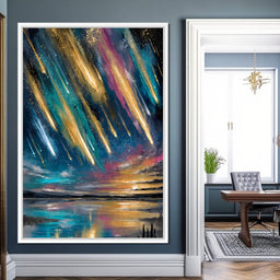 Golden Meteors Over Silent Lake - NicheCanvas