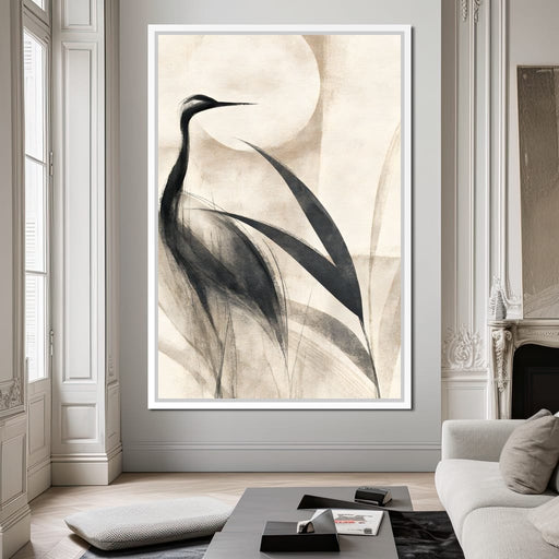 Lone Crane Watching The Pale Disc Canvas Print