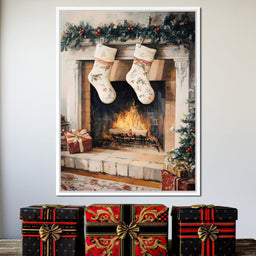 Christmas Gift Socks by the Fireplace - NicheCanvas
