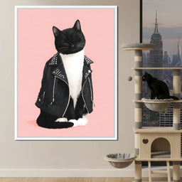Biker Cat Attitude On Soft Pink - NicheCanvas