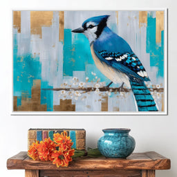 Blue Jay on Golden Birch - NicheCanvas
