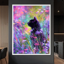 Midnight Feline Among Wildflowers - NicheCanvas