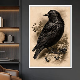 Solitary Starling Perched Upon Hawthorn Branch - NicheCanvas