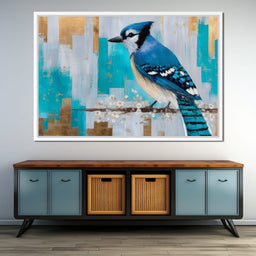 Blue Jay on Golden Birch - NicheCanvas
