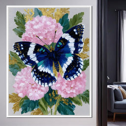 Blue Monarch on Pink Blossoms - NicheCanvas