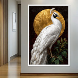 Golden Halo White Peacock Pose - NicheCanvas