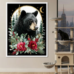 Moonlit Floral Gold Black Bear - NicheCanvas