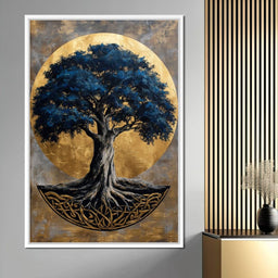 Golden Halo Blue Tree of Life - NicheCanvas