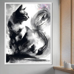 Sumi Ink Cat Reflecting Shadow - NicheCanvas