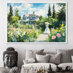 Sunlit Garden By Victorian House - NicheCanvas