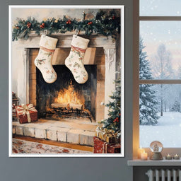 Christmas Gift Socks by the Fireplace - NicheCanvas