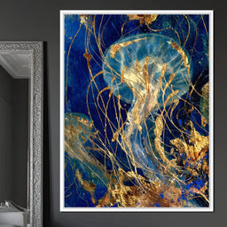 Golden Jellyfish Deep Blue Sea - NicheCanvas