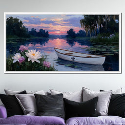 Tranquil Lotus Evening Rowboat - NicheCanvas