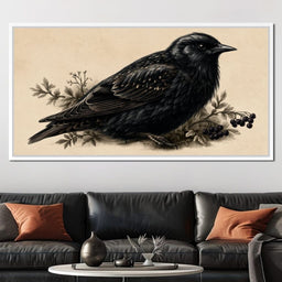Solitary Starling Perched Upon Wild Berries - NicheCanvas
