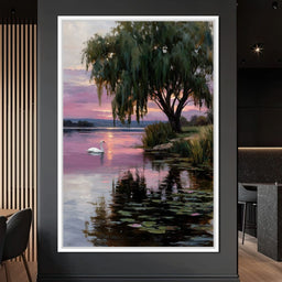 Swan Lake Sunset Willow Tree - NicheCanvas