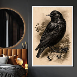 Solitary Starling Perched Upon Hawthorn Branch - NicheCanvas