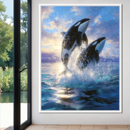 Breaching Orcas Dawn Ocean Dance - NicheCanvas