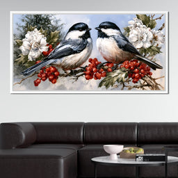Two Chickadees Upon The Holly Branch - NicheCanvas