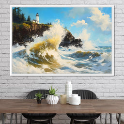 Towering Waves Against Lighthouse - NicheCanvas