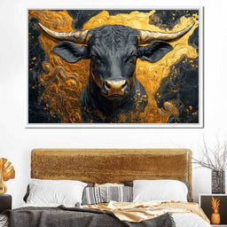 Majestic Bull Amid Gold Swirls - NicheCanvas
