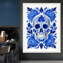 Blue Floral Sugar Skull Folkstyle - NicheCanvas
