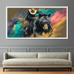 Cowboy Riding Wild Bear - NicheCanvas