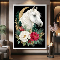 Moonlit Floral Gold White Horse - NicheCanvas