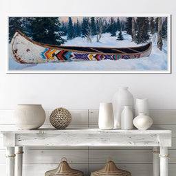 Painted Canoe Among Winter Pines - NicheCanvas