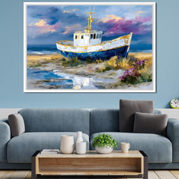 Coastal Boat Under Violet Sky - NicheCanvas