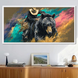 Cowboy Riding Wild Bear - NicheCanvas