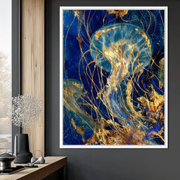 Golden Jellyfish Deep Blue Sea - NicheCanvas