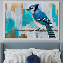 Blue Jay on Golden Birch - NicheCanvas