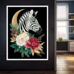 Moonlit Floral Gold Zebra - NicheCanvas