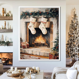 Christmas Gift Socks by the Fireplace - NicheCanvas