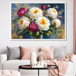 Golden Peonies on Blue Background - NicheCanvas