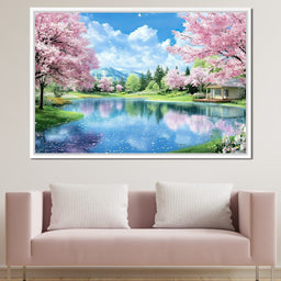 Cherry Blossom Lakeside Harmony - NicheCanvas