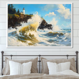Towering Waves Against Lighthouse - NicheCanvas