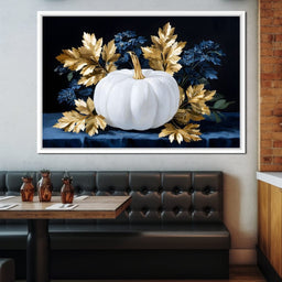 White Pumpkin And Golden Leaves - NicheCanvas