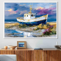 Coastal Boat Under Violet Sky - NicheCanvas